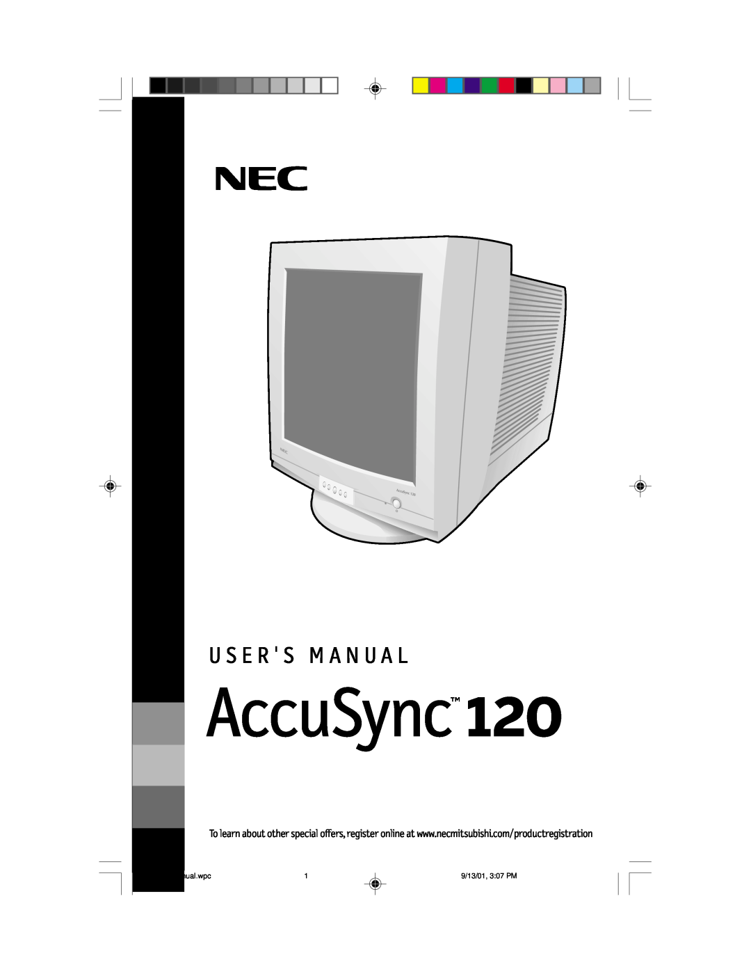 NEC AccuSync 120 user manual U S E R S M A N U A L, AS120Manual.wpc, 9/13/01, 307 PM 