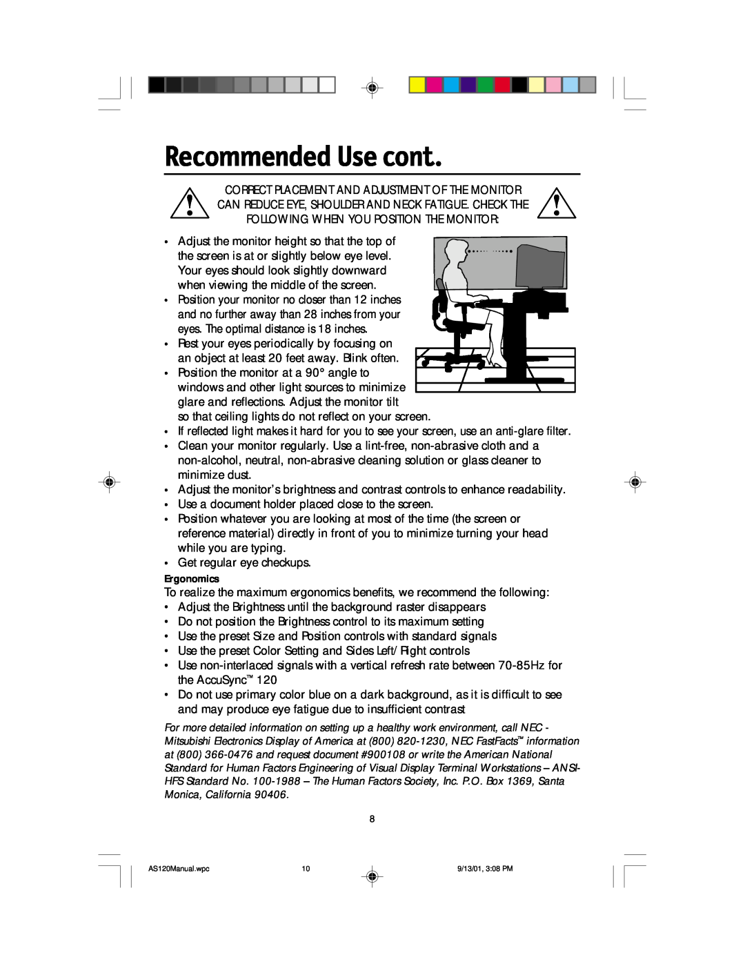 NEC AccuSync 120 user manual Recommended Use cont 