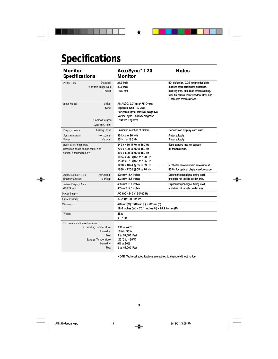 NEC AccuSync 120 user manual Specifications, Monitor 