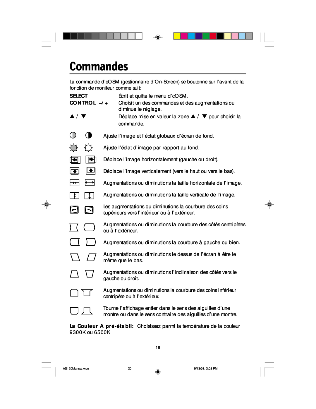 NEC AccuSync 120 user manual Commandes, Select, Control -/+ 