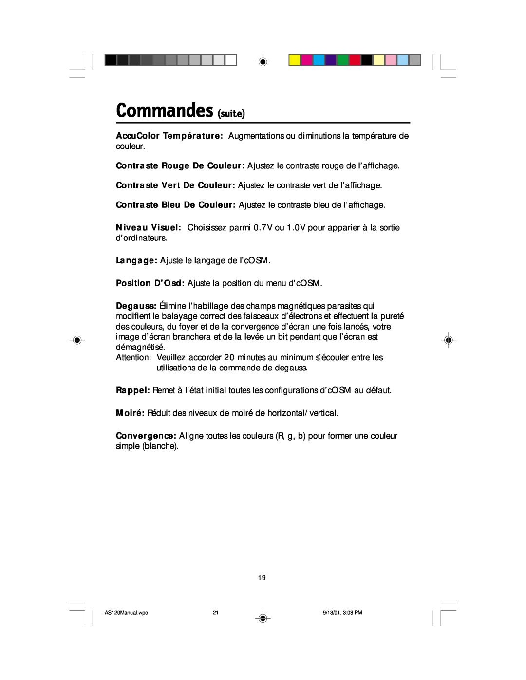NEC AccuSync 120 user manual Commandes suite 