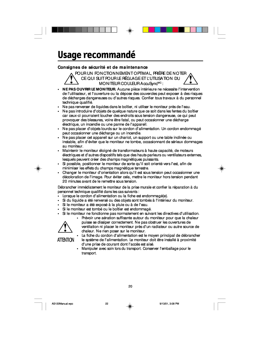 NEC AccuSync 120 user manual Usage recommandé, Consignes de sécurité et de maintenance 