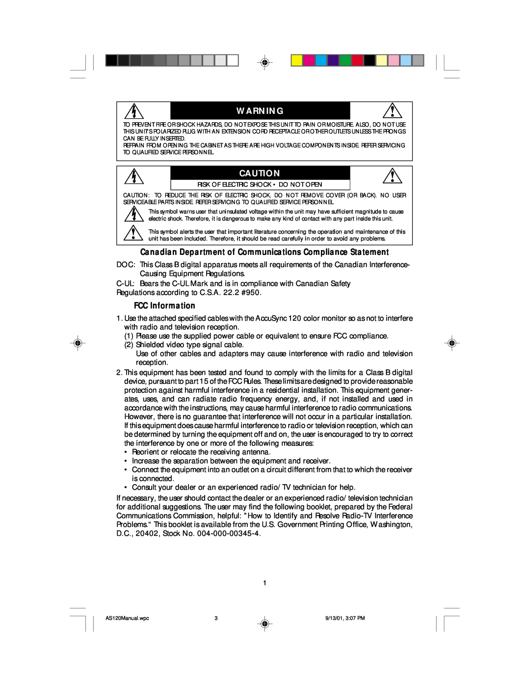 NEC AccuSync 120 user manual Canadian Department of Communications Compliance Statement, FCC Information 