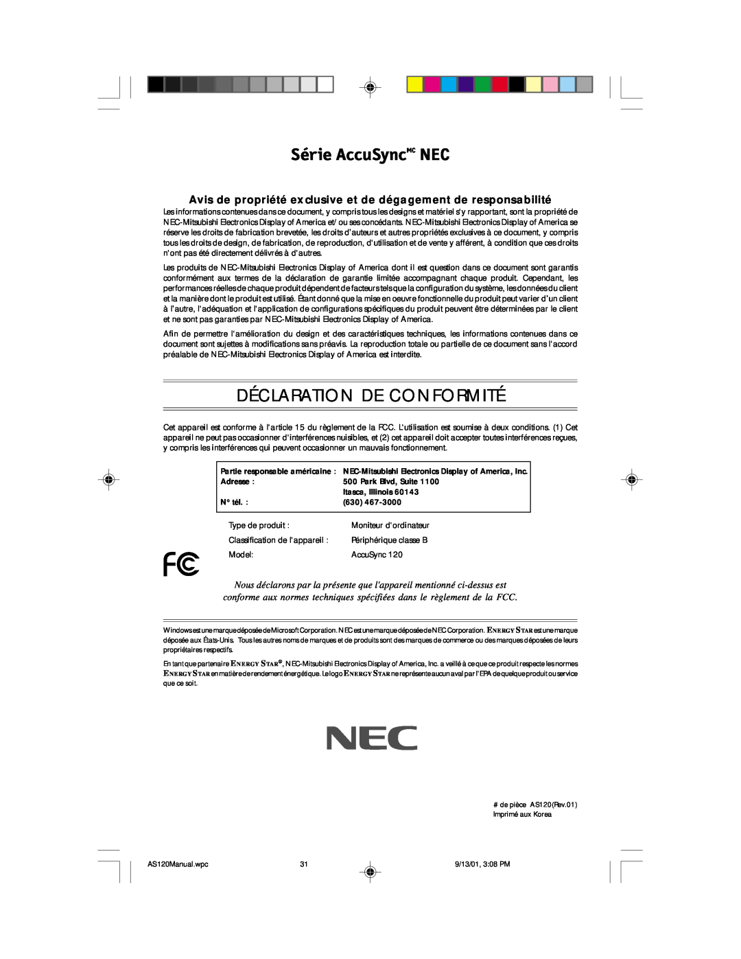 NEC AccuSync 120 user manual Série AccuSyncMC NEC, Déclaration De Conformité 