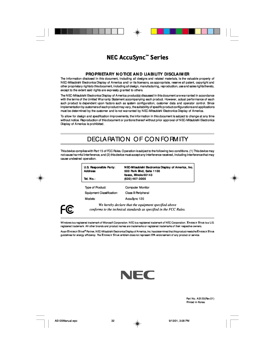 NEC AccuSync 120 user manual NEC AccuSync Series, Declaration Of Conformity, Proprietary Notice And Liability Disclaimer 