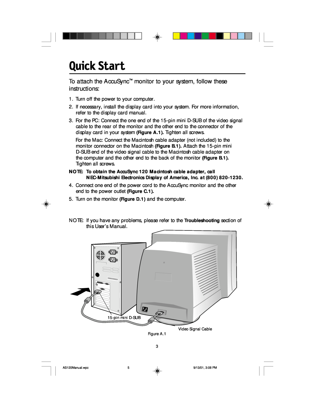 NEC AccuSync 120 user manual Quick Start 