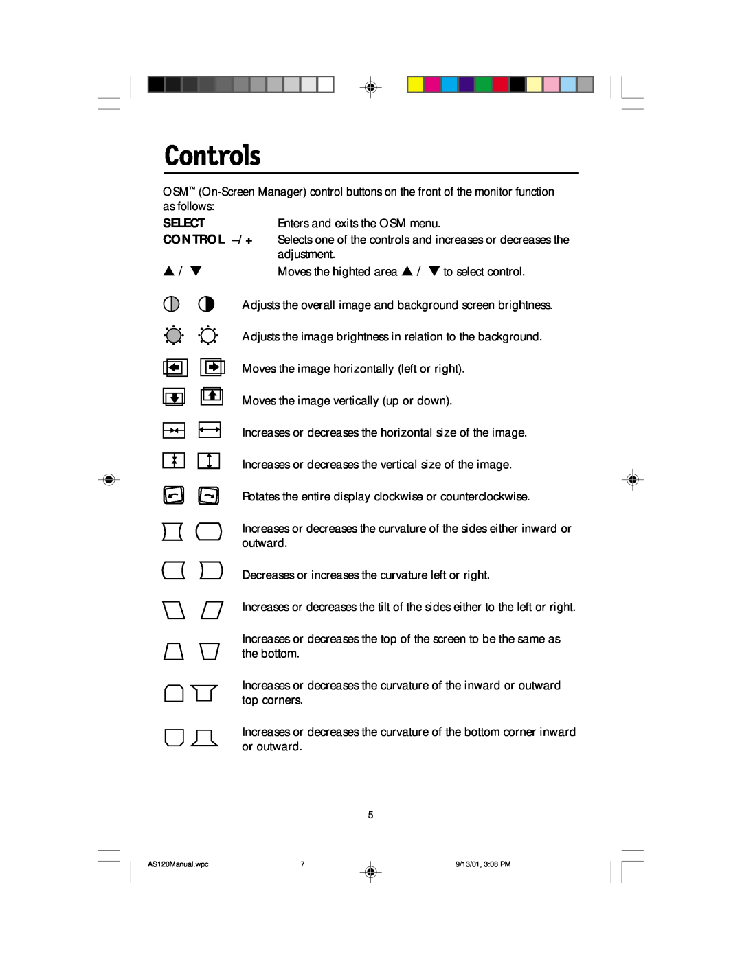 NEC AccuSync 120 user manual Controls, Select, Control -/+ 