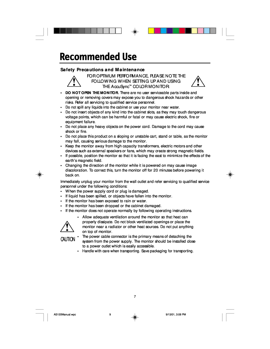 NEC AccuSync 120 user manual Recommended Use, Safety Precautions and Maintenance 