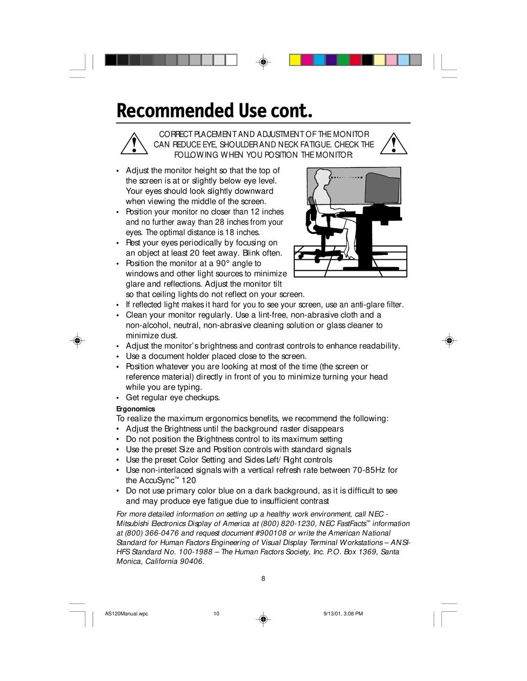 NEC AccuSync 120 user manual Adjust the monitor height so that the top 