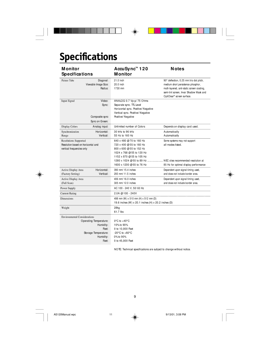 NEC AccuSync 120 user manual Monitor AccuSync Specifications 