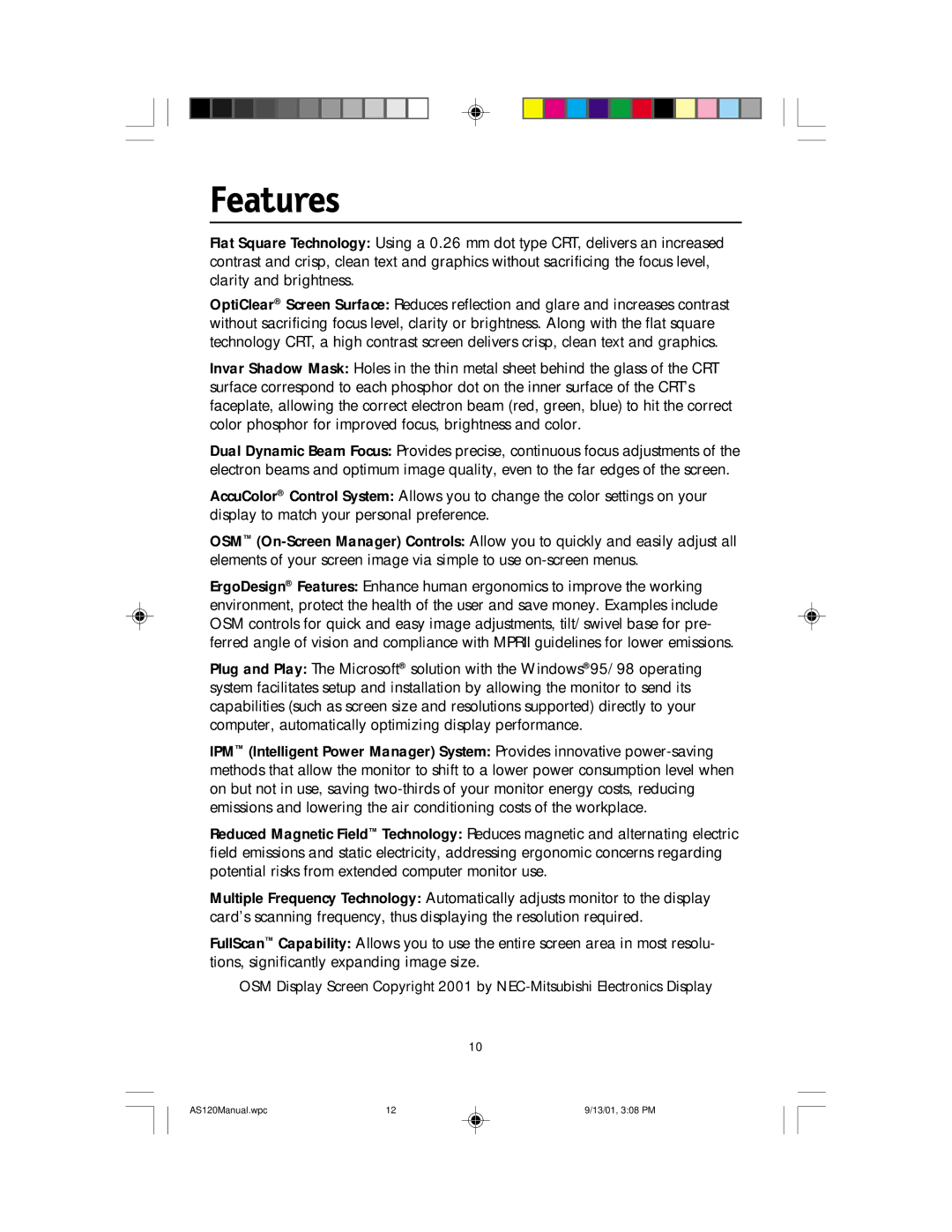 NEC AccuSync 120 user manual Features 