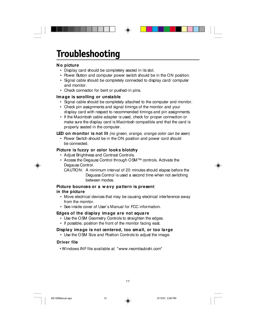 NEC AccuSync 120 user manual Troubleshooting 