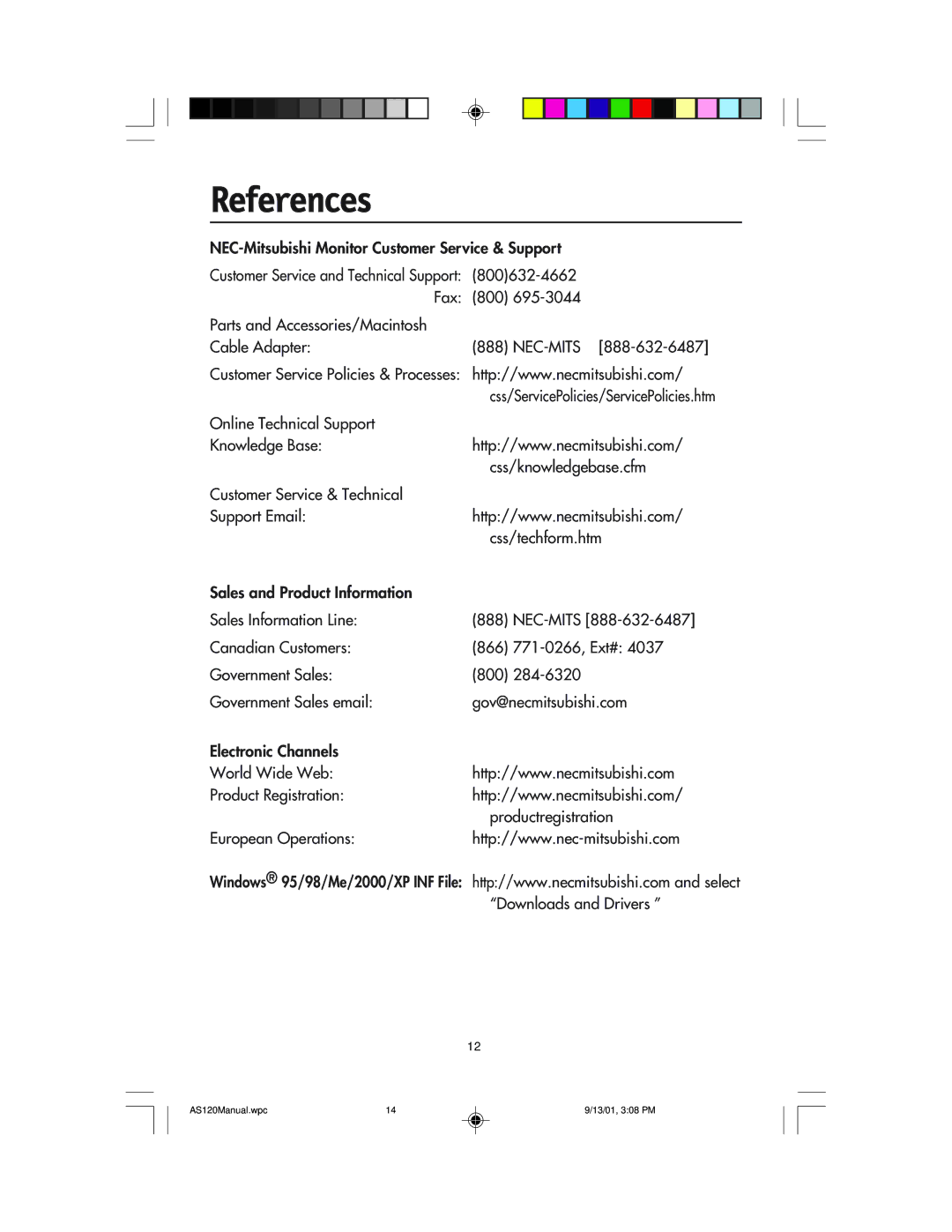 NEC AccuSync 120 user manual References 