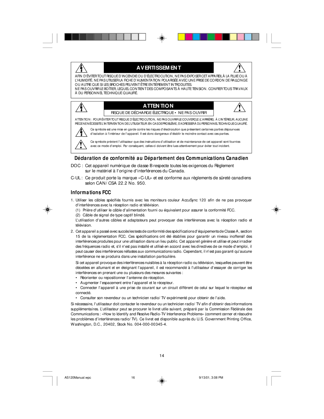 NEC AccuSync 120 user manual Avertissement, Informations FCC 