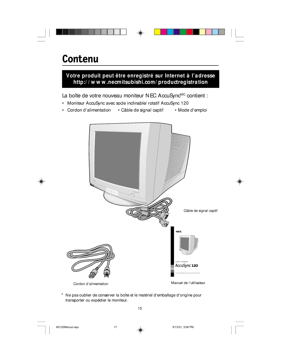 NEC AccuSync 120 user manual Contenu, Votre produit peut être enregistré sur Internet à l’adresse 