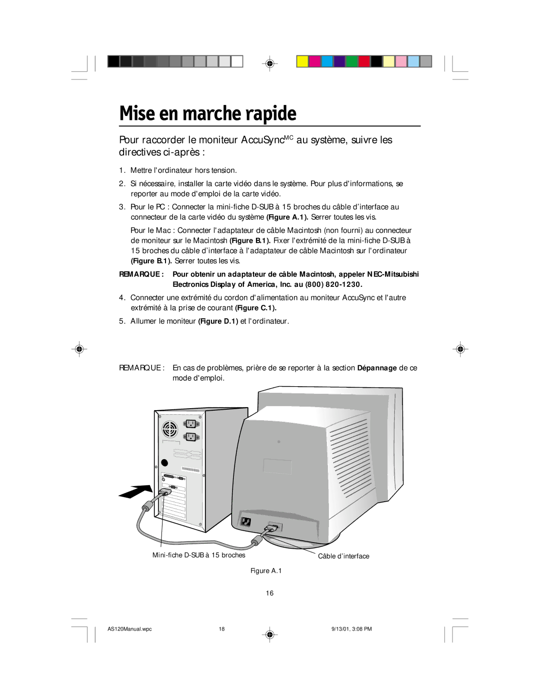 NEC AccuSync 120 user manual Mise en marche rapide, Figure A.1 