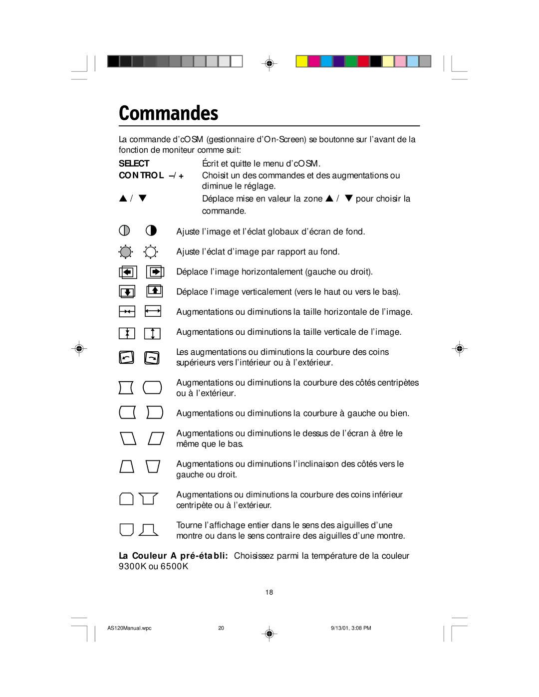 NEC AccuSync 120 user manual Commandes 