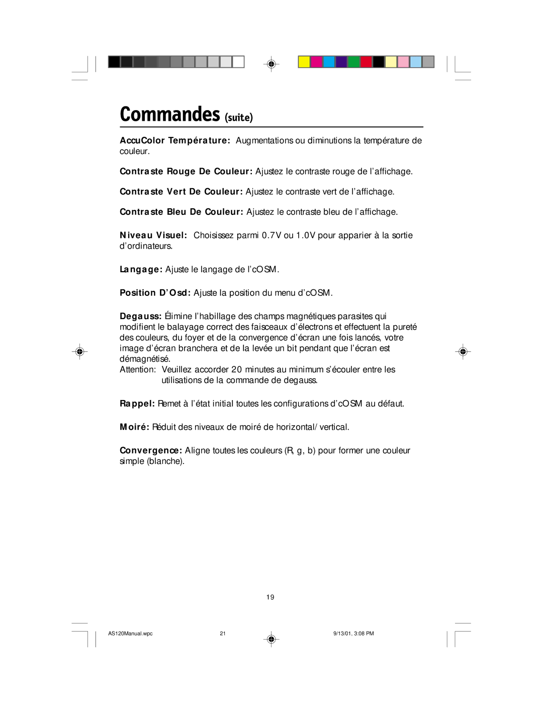 NEC AccuSync 120 user manual Commandes suite 