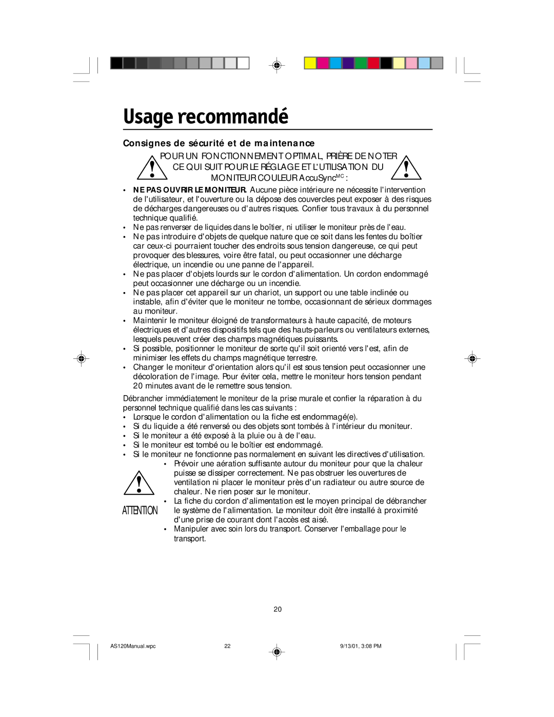 NEC AccuSync 120 user manual Usage recommandé, Consignes de sécurité et de maintenance 