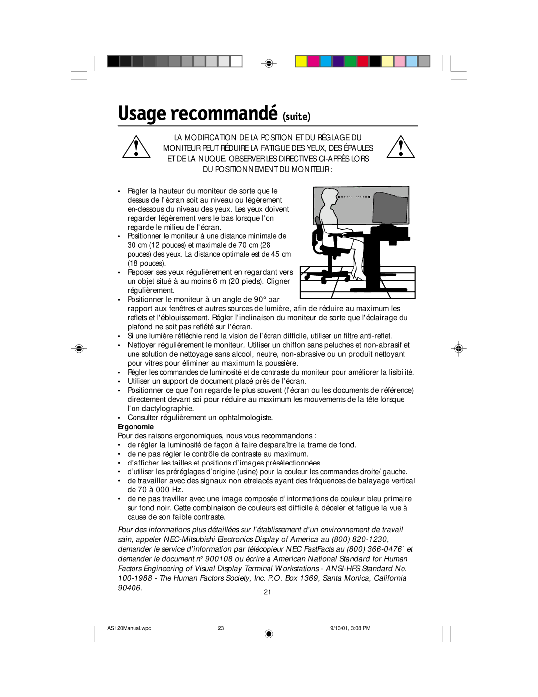 NEC AccuSync 120 user manual Usage recommandé suite 