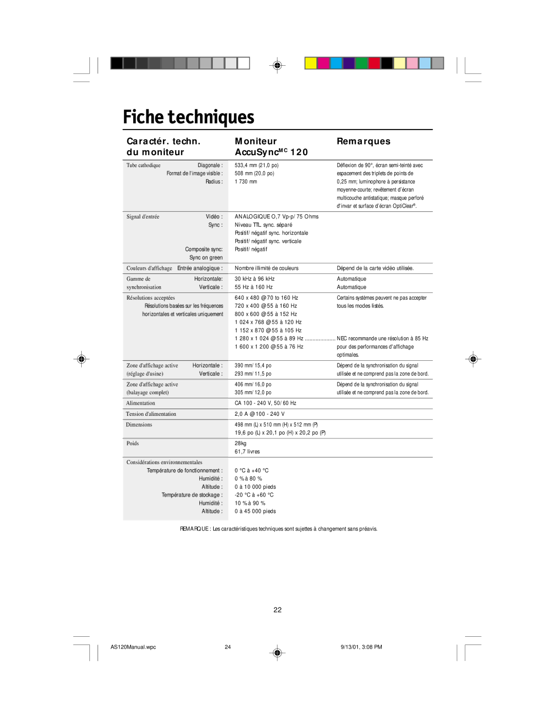 NEC AccuSync 120 user manual Fiche techniques, Caractér. techn Moniteur Remarques Du moniteur AccuSyncMC 