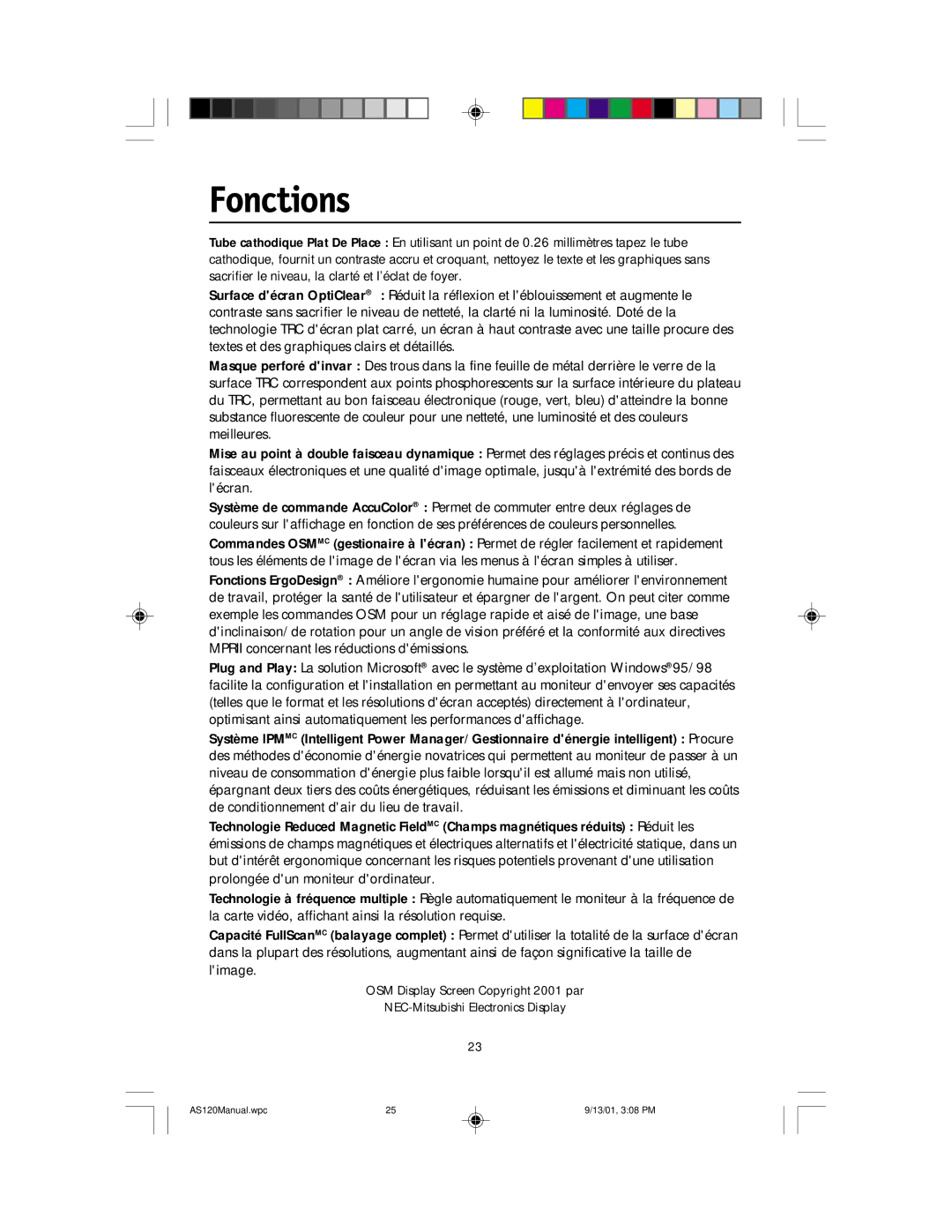 NEC AccuSync 120 user manual Fonctions 