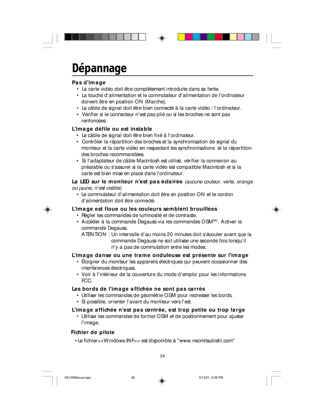 NEC AccuSync 120 user manual Dépannage 