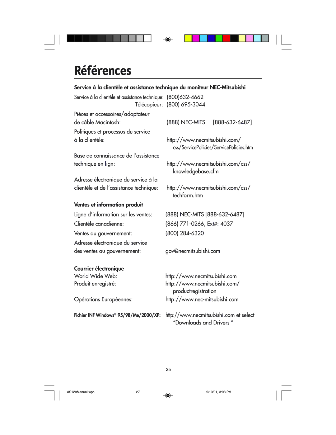 NEC AccuSync 120 user manual Références 