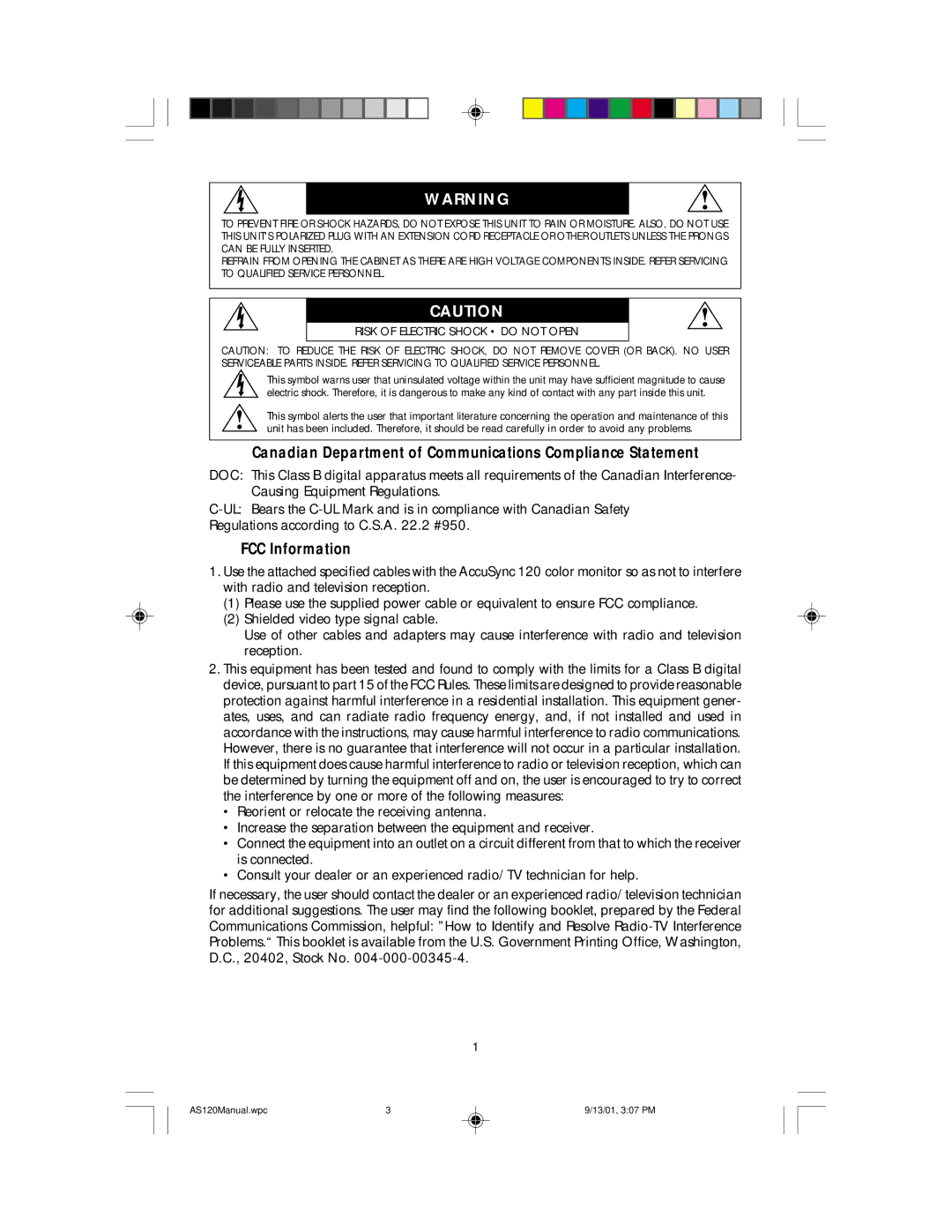 NEC AccuSync 120 user manual Canadian Department of Communications Compliance Statement, FCC Information 