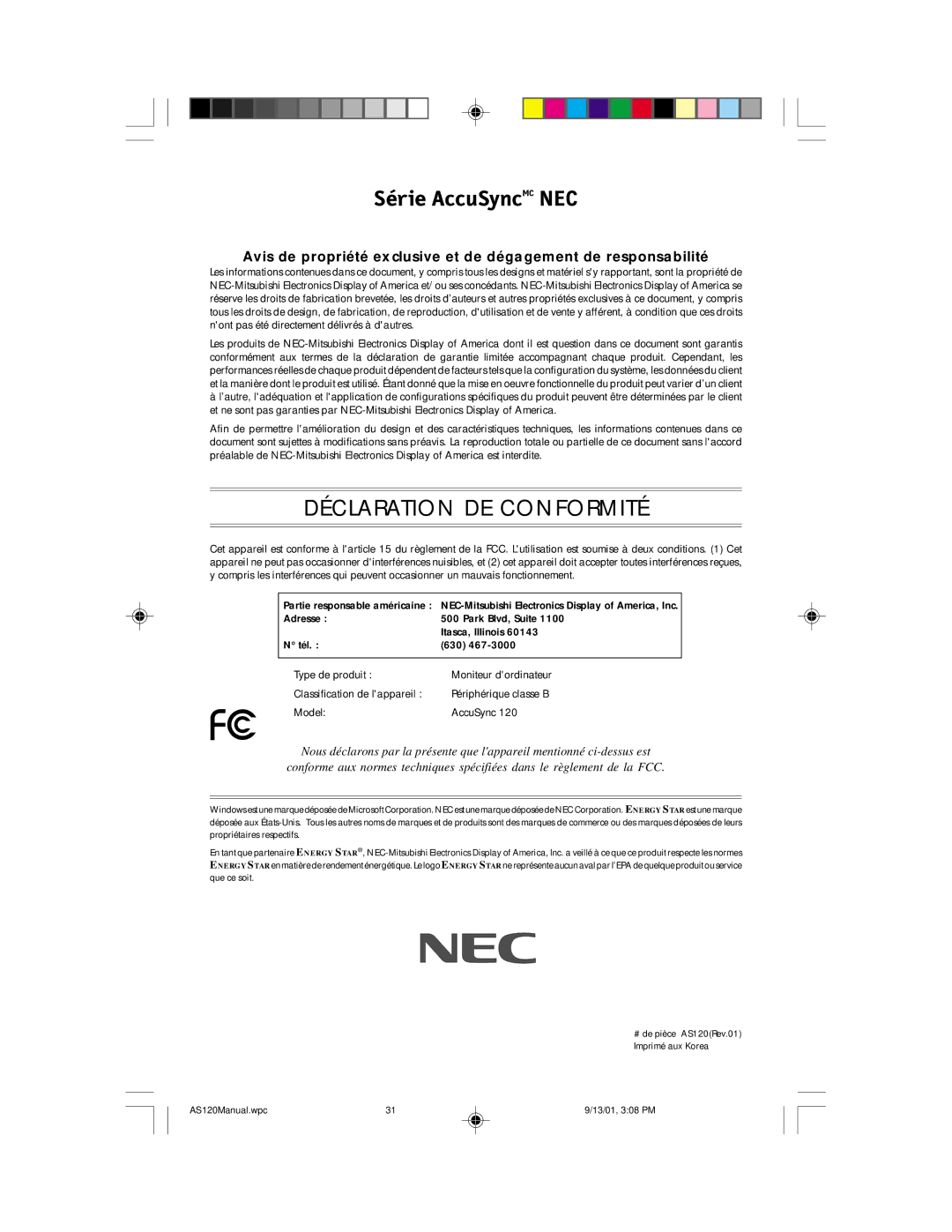 NEC AccuSync 120 user manual Série AccuSyncMC NEC 