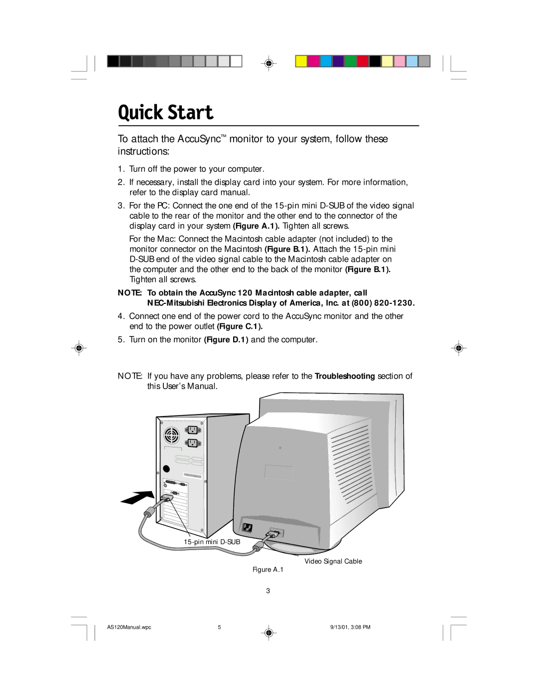 NEC AccuSync 120 user manual Quick Start, Figure A.1 