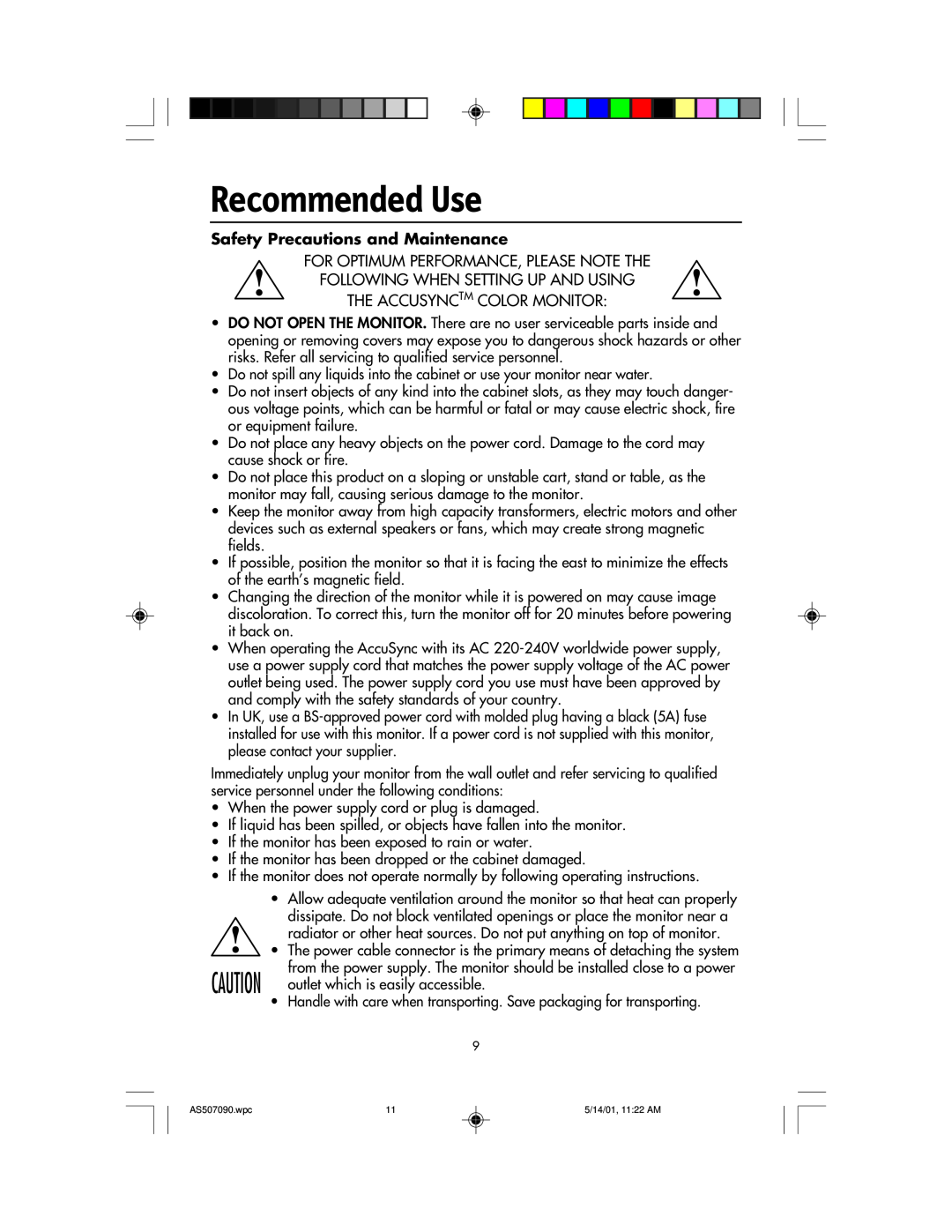 NEC AccuSync 50, AccuSync 90, AccuSync 70 user manual Recommended Use, Safety Precautions and Maintenance 