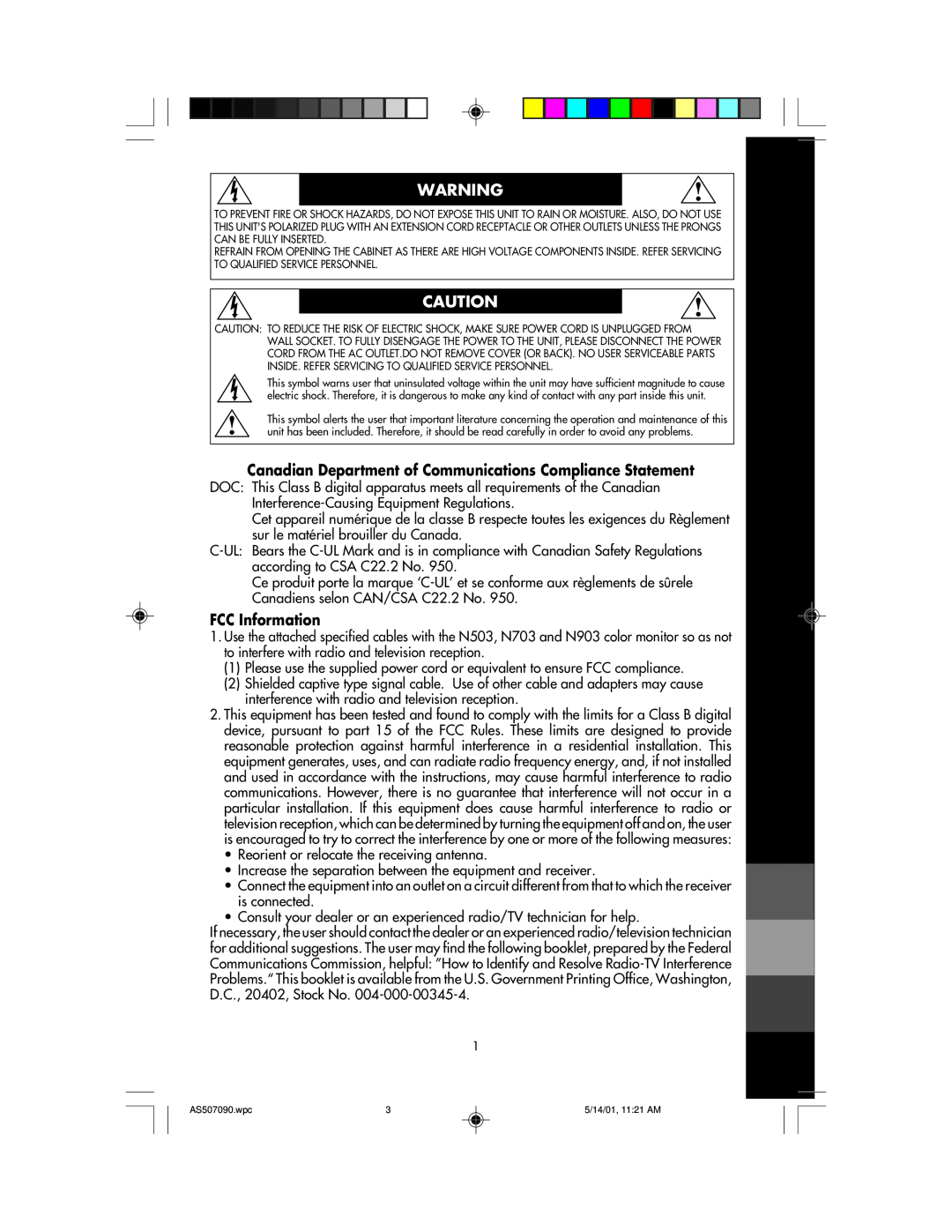 NEC AccuSync 90, AccuSync 70, AccuSync 50 Canadian Department of Communications Compliance Statement, FCC Information 