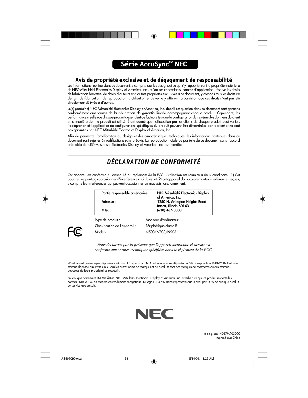 NEC AccuSync 90, AccuSync 70, AccuSync 50 user manual Série AccuSyncMC NEC, Déclaration De Conformité 