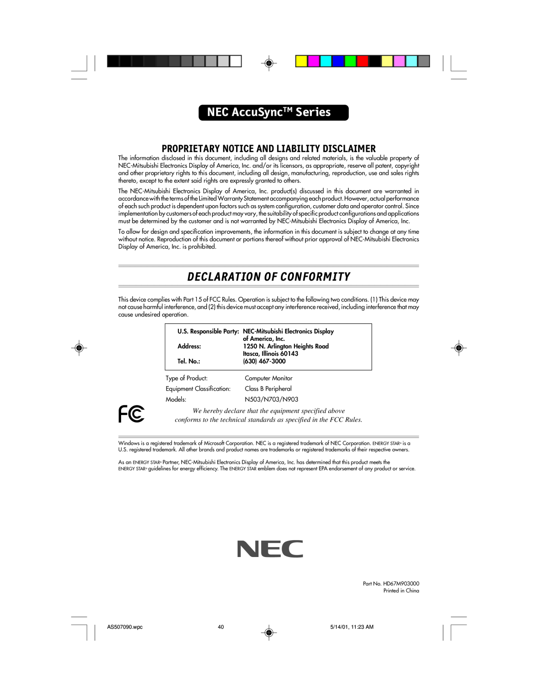 NEC AccuSync 70, AccuSync 90 NEC AccuSyncTM Series, Declaration Of Conformity, Proprietary Notice And Liability Disclaimer 