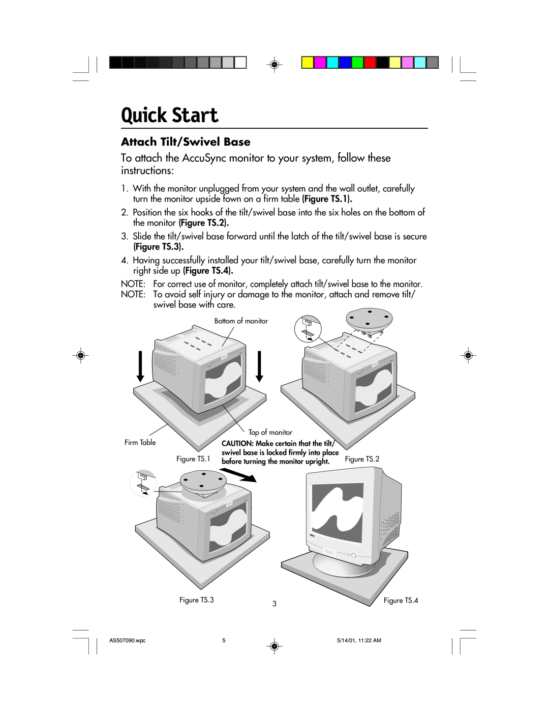 NEC AccuSync 50, AccuSync 90, AccuSync 70 user manual Quick Start, Attach Tilt/Swivel Base 