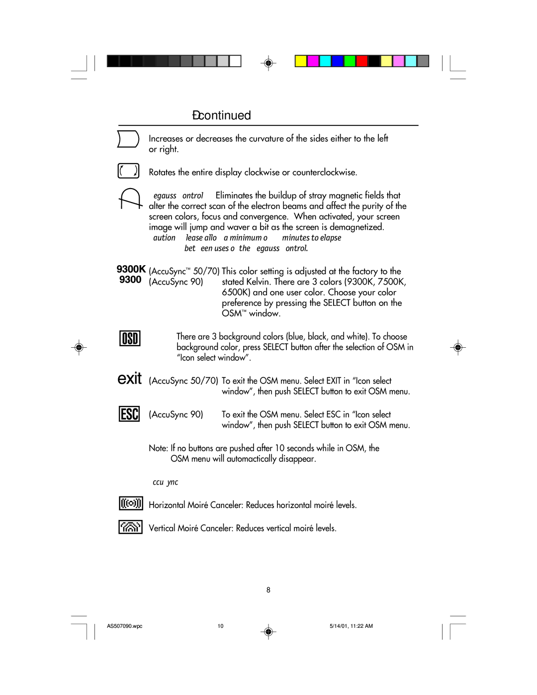 NEC AccuSync 70, AccuSync 90, AccuSync 50 user manual Controls 