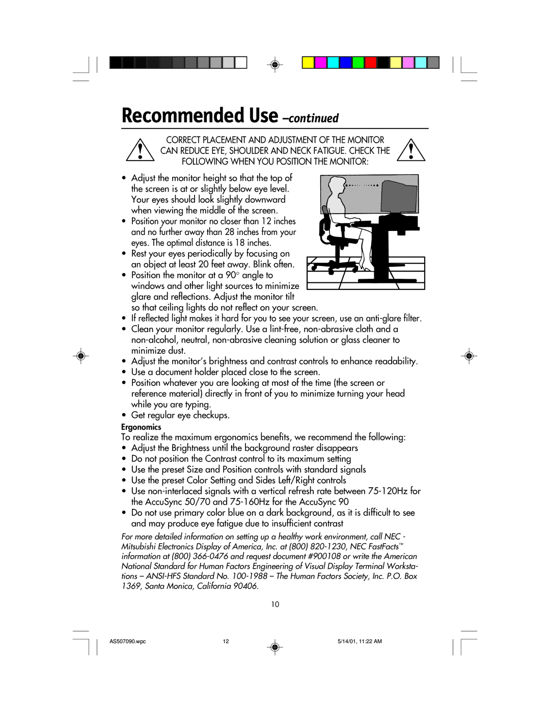 NEC AccuSync 90, AccuSync 70, AccuSync 50 user manual Adjust the monitor height so that the top 