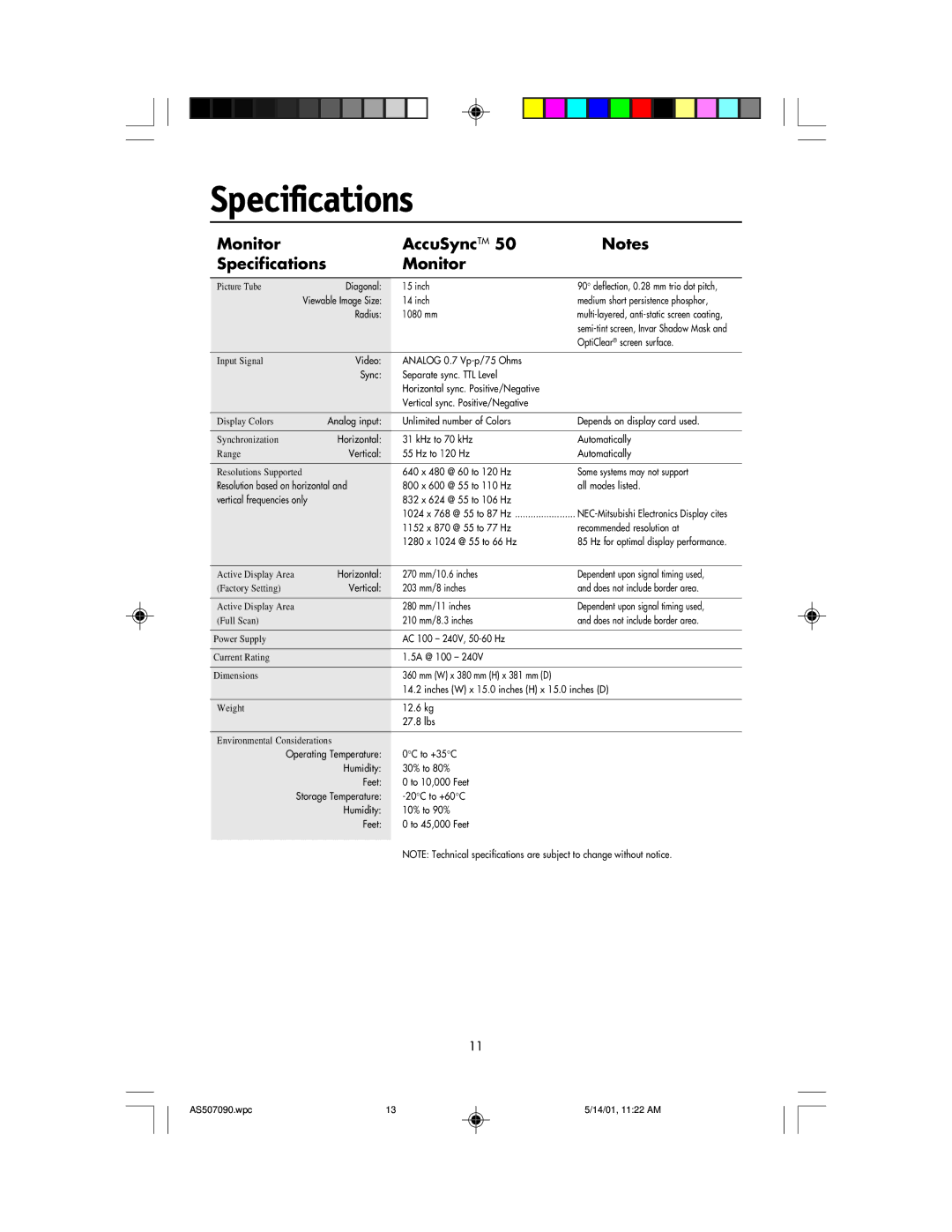 NEC AccuSync 70, AccuSync 90, AccuSync 50 user manual Monitor AccuSyncTM Specifications 