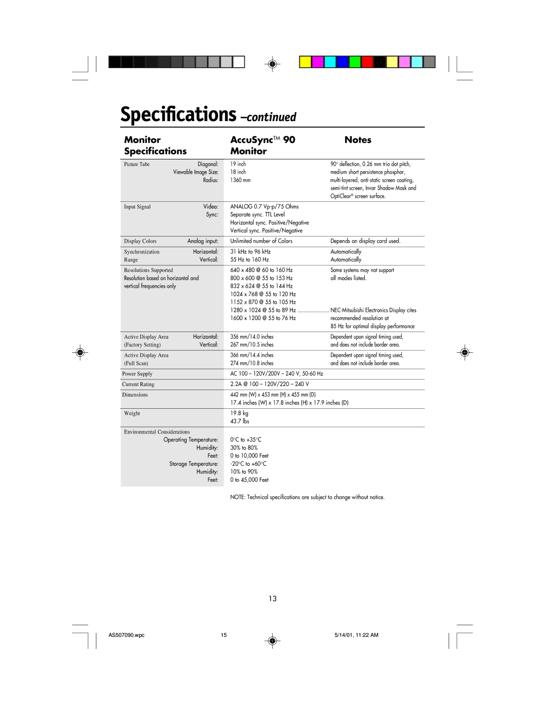 NEC AccuSync 90, AccuSync 70, AccuSync 50 user manual Radius 1360 mm 