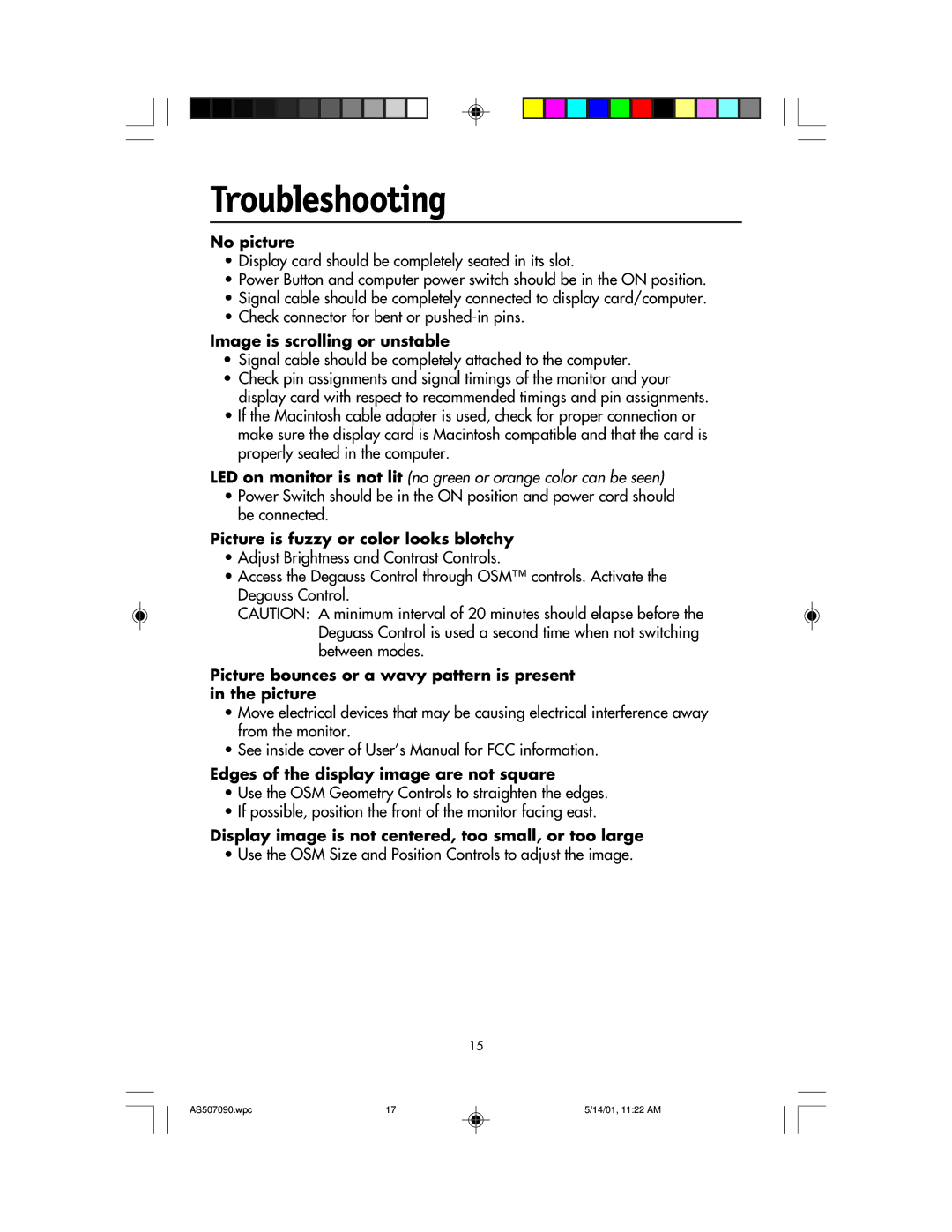 NEC AccuSync 50, AccuSync 90, AccuSync 70 user manual Troubleshooting 