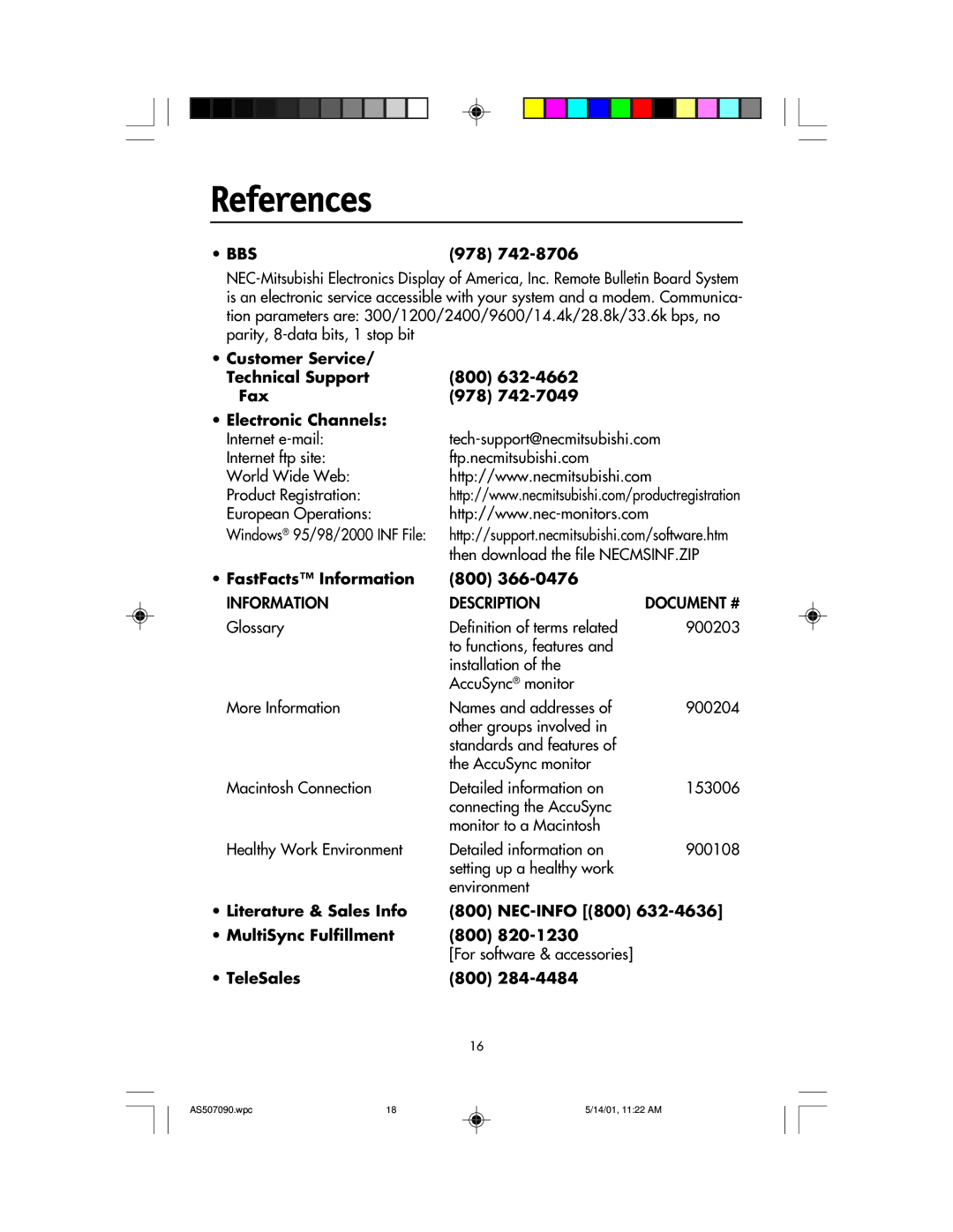 NEC AccuSync 90 References, 978, FastFacts Information 800, Literature & Sales Info NEC-INFO 800 MultiSync Fulfillment 