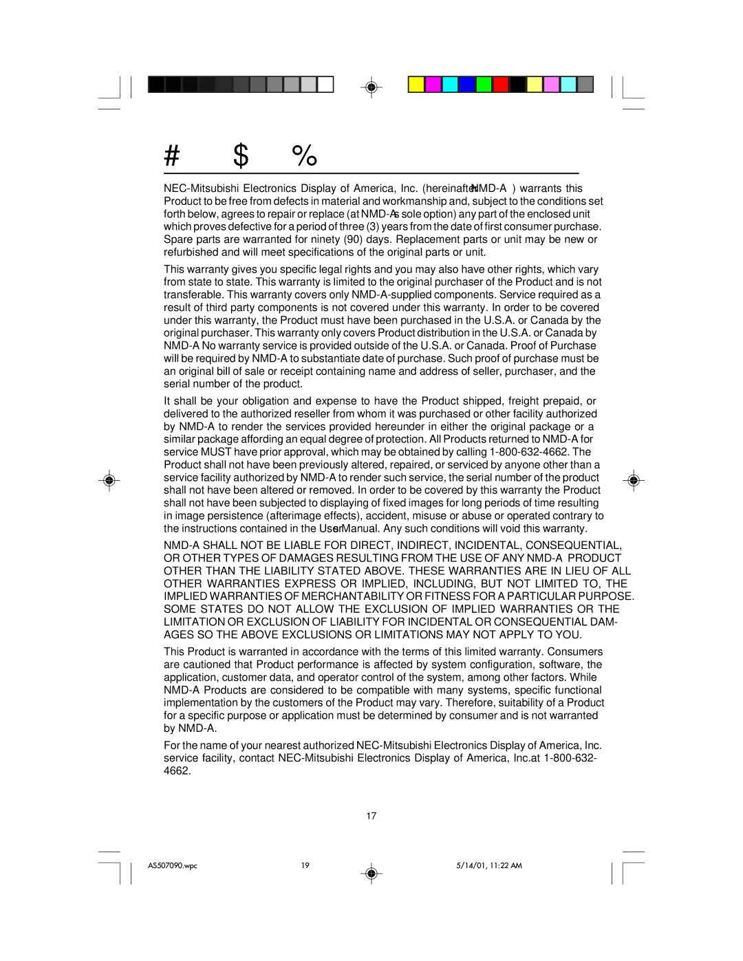 NEC AccuSync 70, AccuSync 90, AccuSync 50 user manual Limited Warranty 