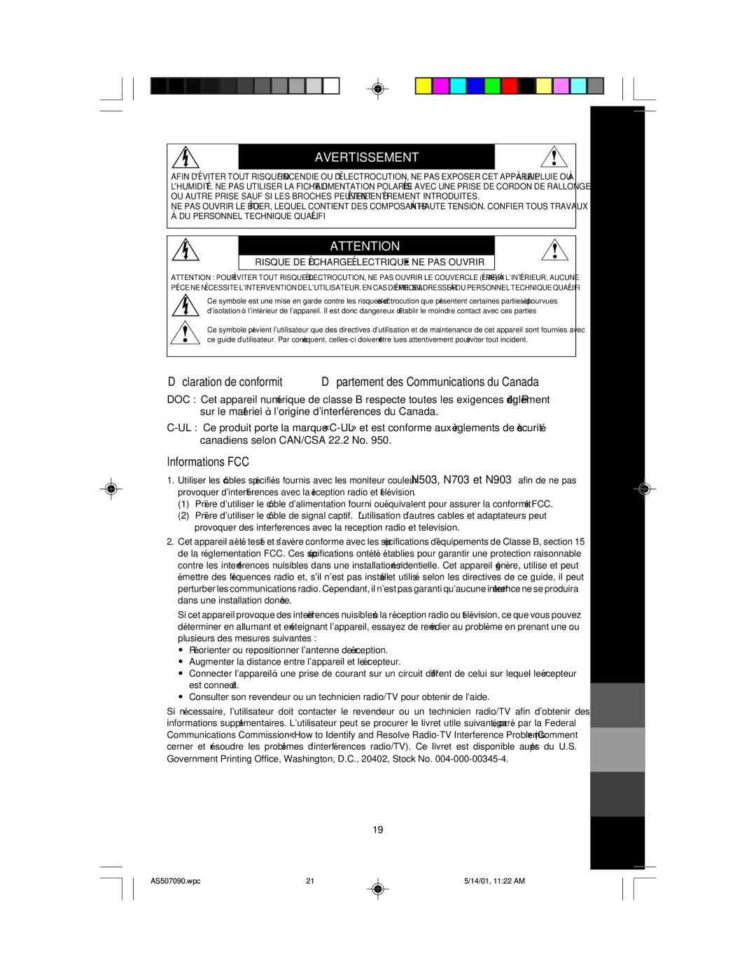 NEC AccuSync 90, AccuSync 70, AccuSync 50 user manual Avertissement, Informations FCC 