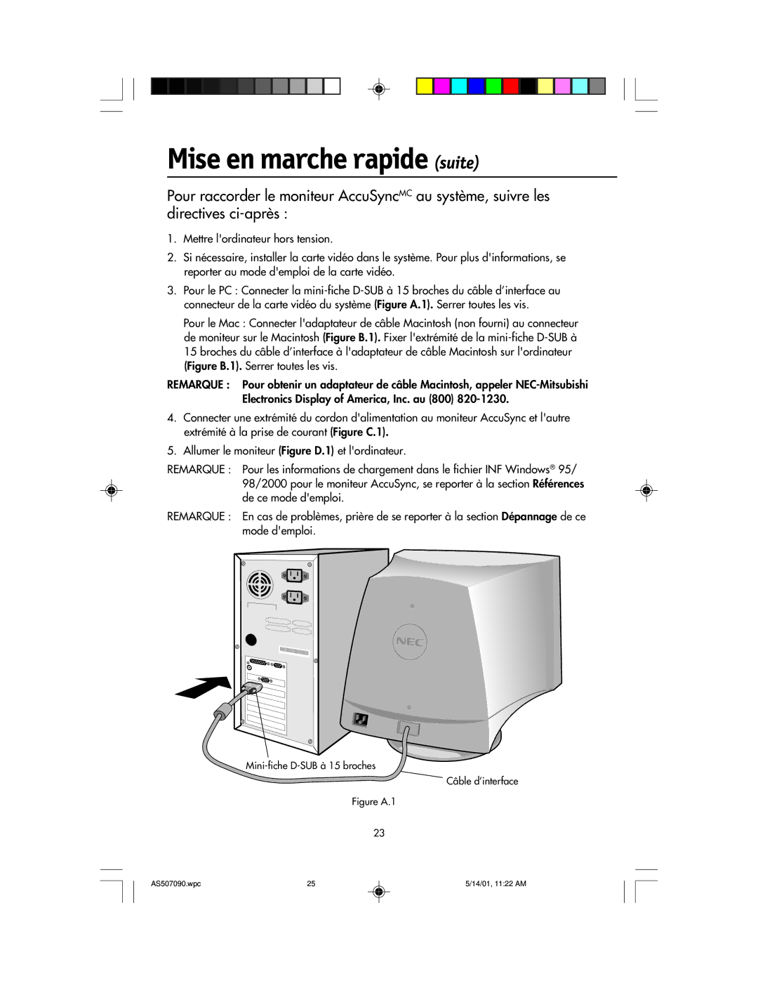 NEC AccuSync 70, AccuSync 90, AccuSync 50 user manual Mini-fiche D-SUB à 15 broches Câble d’interface 