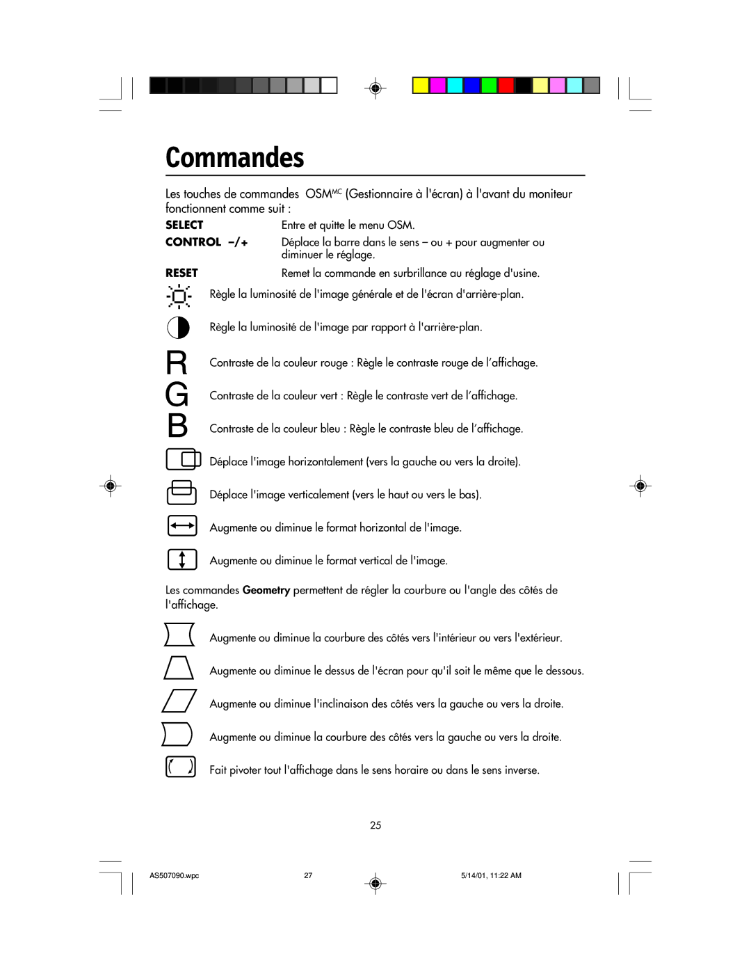 NEC AccuSync 90, AccuSync 70, AccuSync 50 user manual Commandes, Reset 