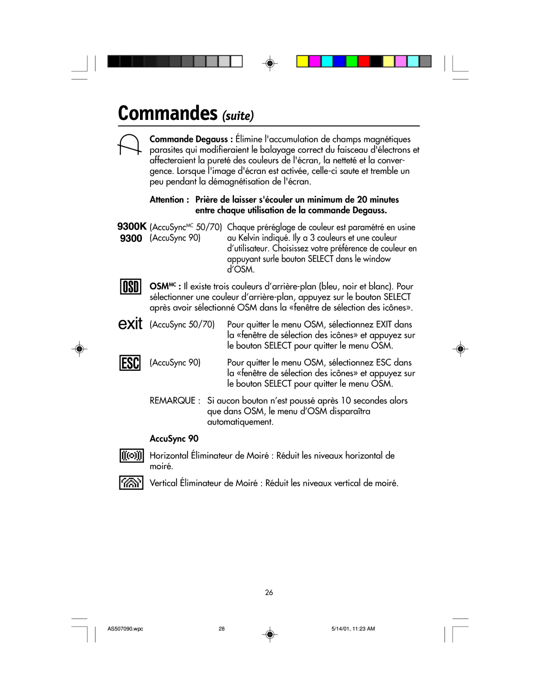 NEC AccuSync 70, AccuSync 90, AccuSync 50 user manual Commandes suite 