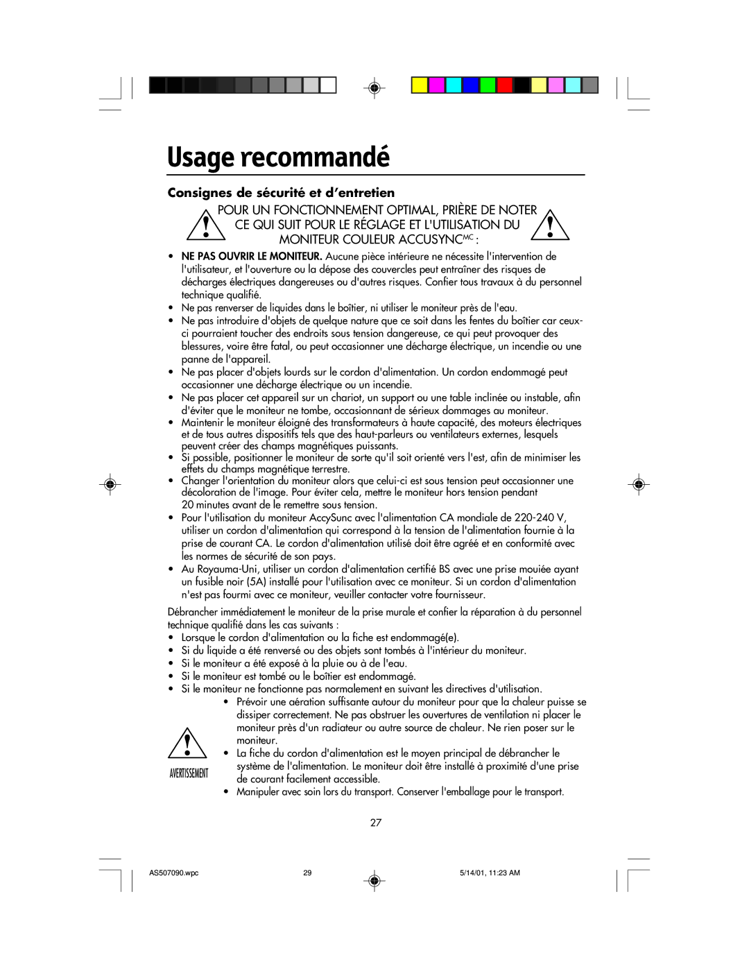 NEC AccuSync 50, AccuSync 90, AccuSync 70 user manual Usage recommandé, Consignes de sécurité et d’entretien 