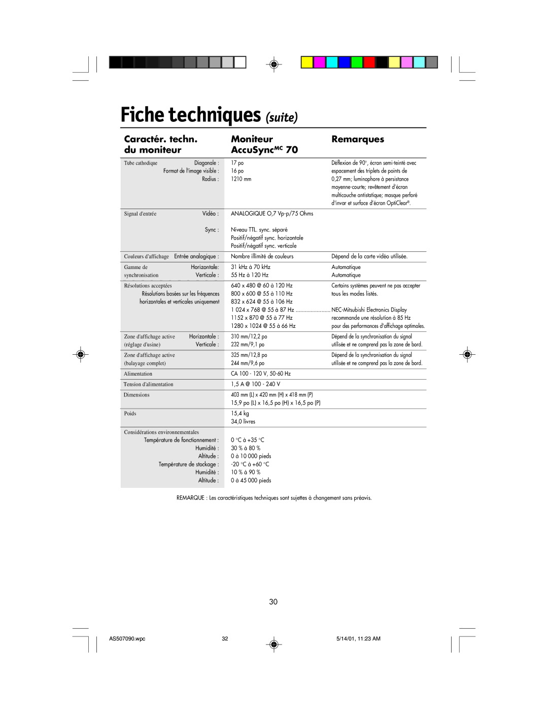 NEC AccuSync 50, AccuSync 90, AccuSync 70 user manual Fiche techniques suite 