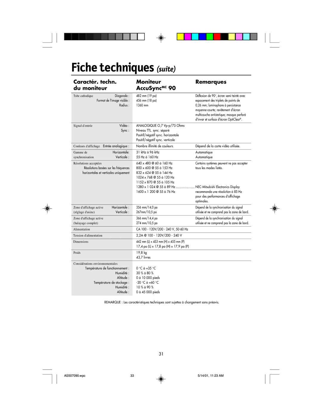 NEC AccuSync 90, AccuSync 70, AccuSync 50 user manual 482 mm 19 po 